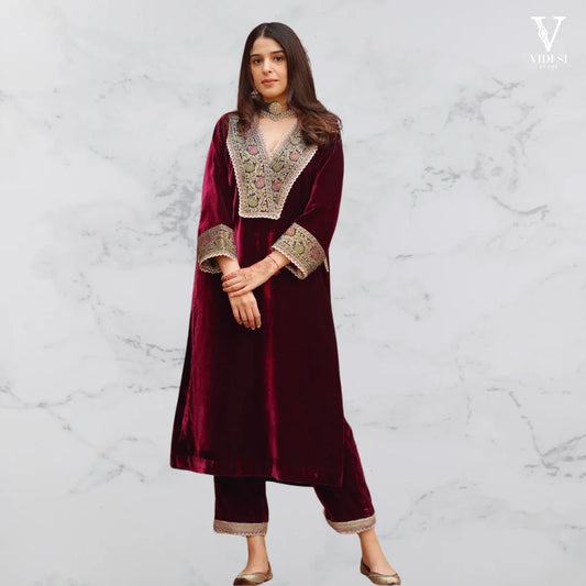 Josephine Modern Velvet With Jacquard Lace Work Suit Set
