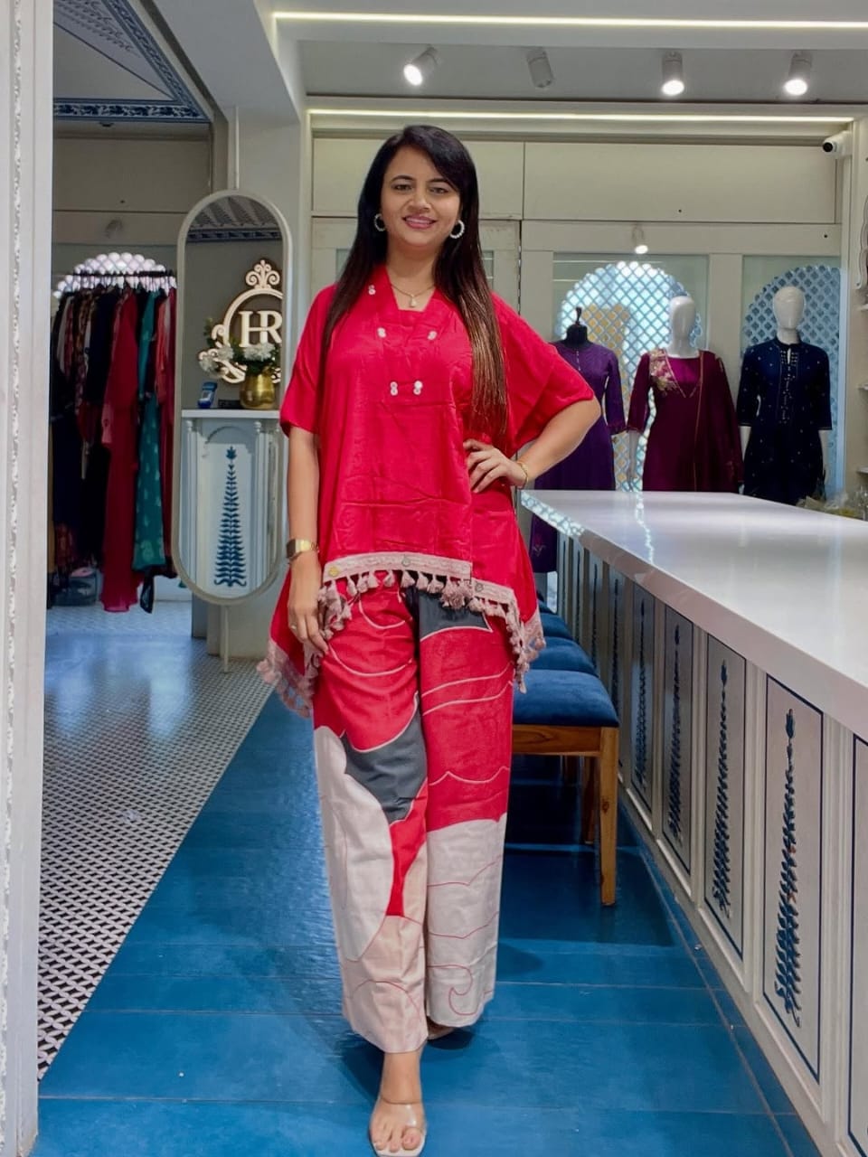 Pink Cotton Kaftan Style Kurti Set