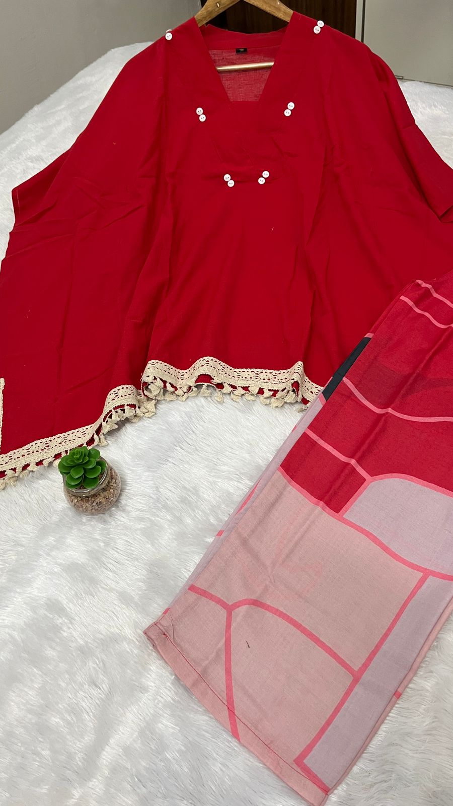 Pink Cotton Kaftan Style Kurti Set