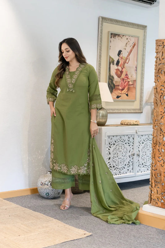 Green Gazal Premium Cotton Embroidered Kurta Pant Set