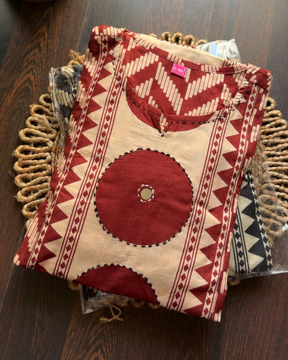 Beige & Red Geometric Print Kurta Set with Coordinated Dupatta