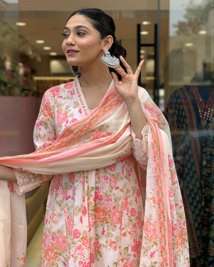 Floral Print Pure Cotton Ethnic Dress With Attached Dupatta