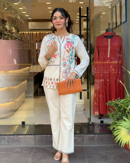 White Premium Cotton Co-ord Set Embroidery Work