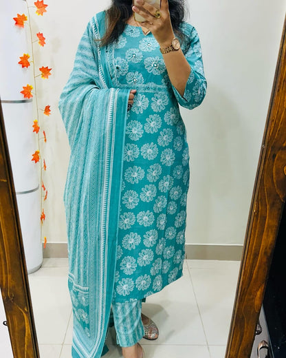 Floral Print Cotton Kurta Set with Striped Dupatta