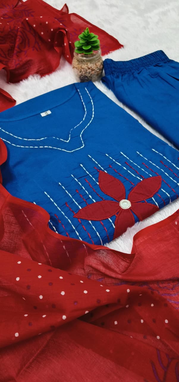 Blue Designer Jaipuri Applique & Mirror Work Dhabu Cotton Suit