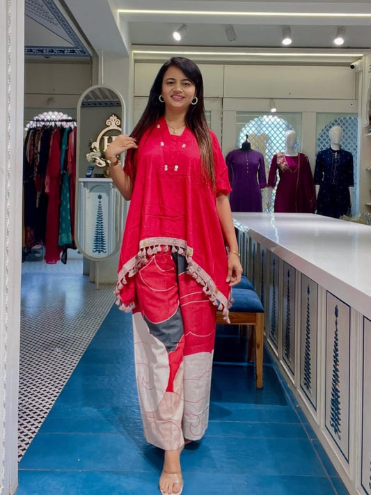 Pink Cotton Kaftan Style Kurti Set