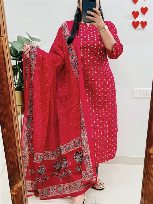 Women's Red Pure Cotton Kurti Pant & Dupatta