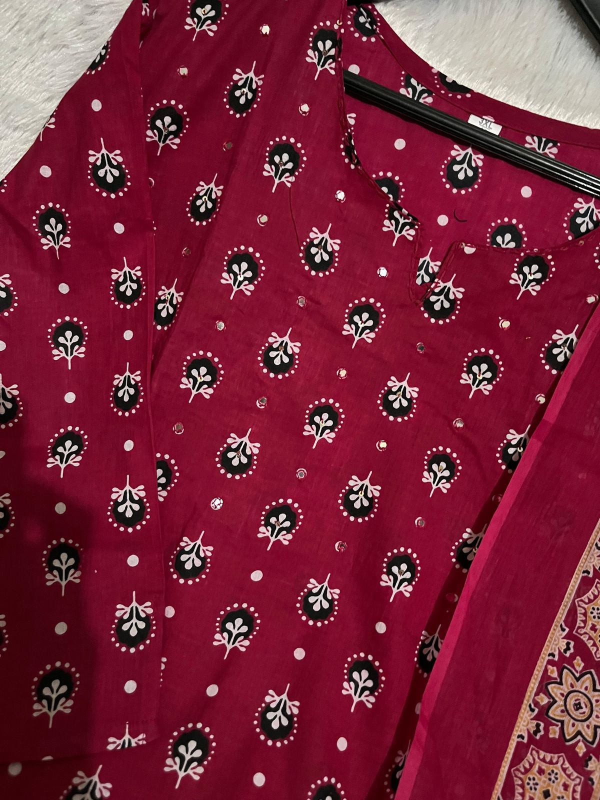 Women's Red Pure Cotton Kurti Pant & Dupatta