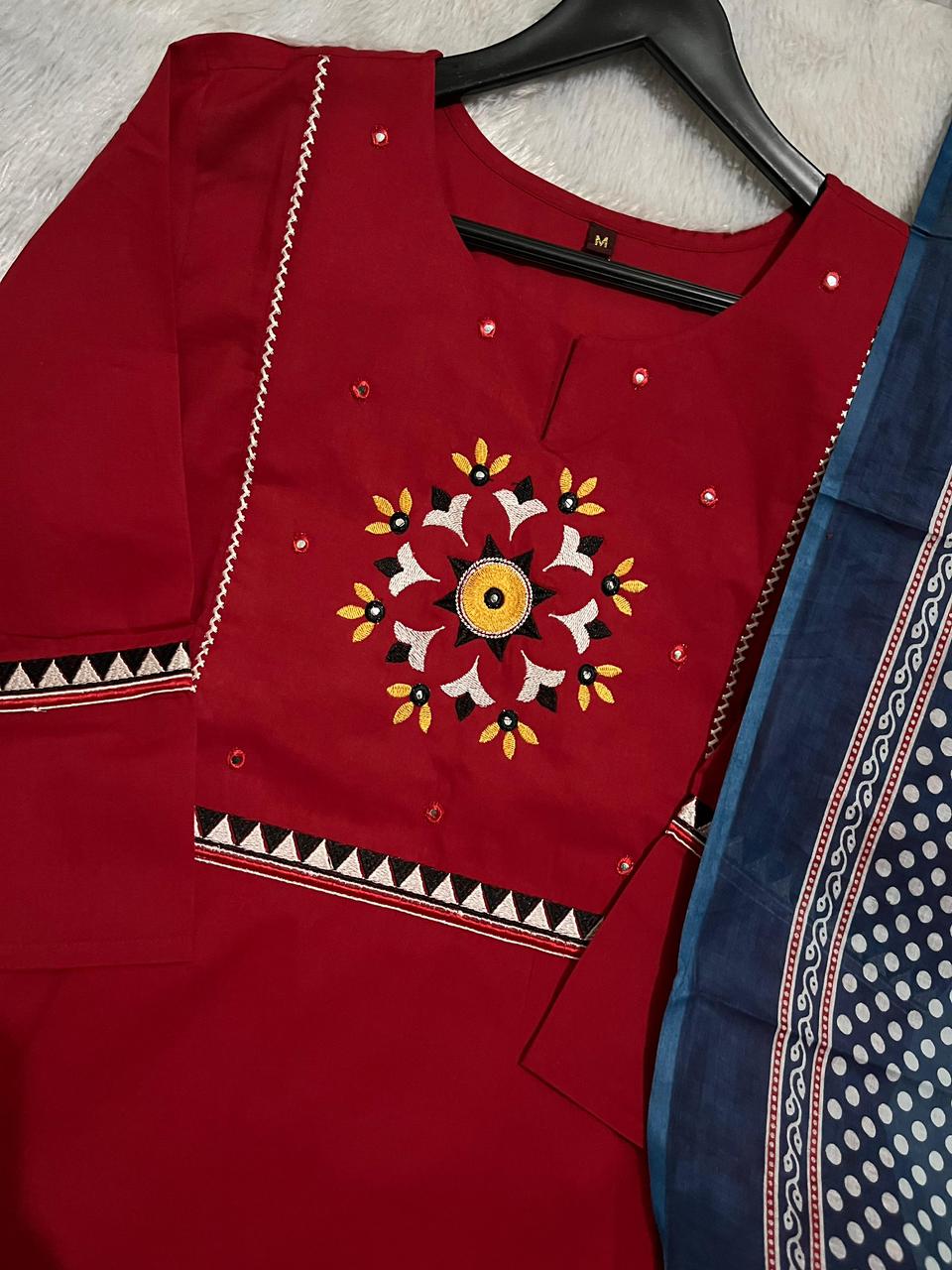 Women’s Ajrakh Print Dabu Cotton Kurti Pant Dupatta Set