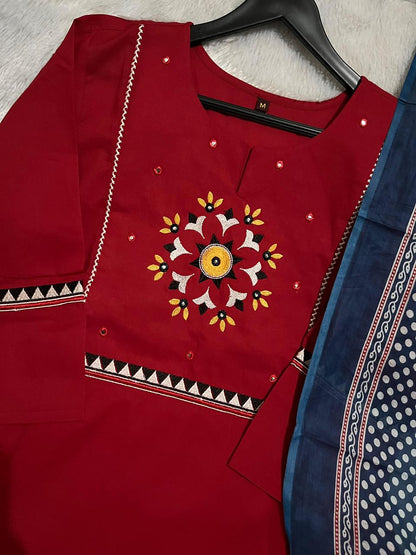 Women’s Ajrakh Print Dabu Cotton Kurti Pant Dupatta Set