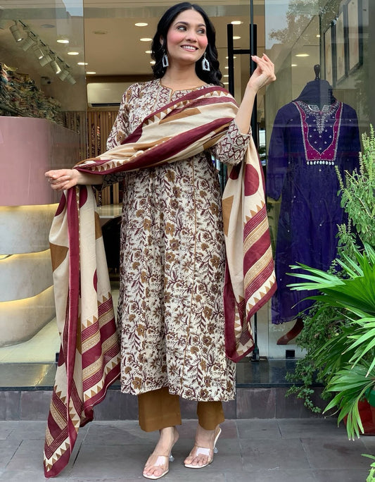 Women’s Floral Dabu Print Cotton Kurti Pant & Dupatta Set