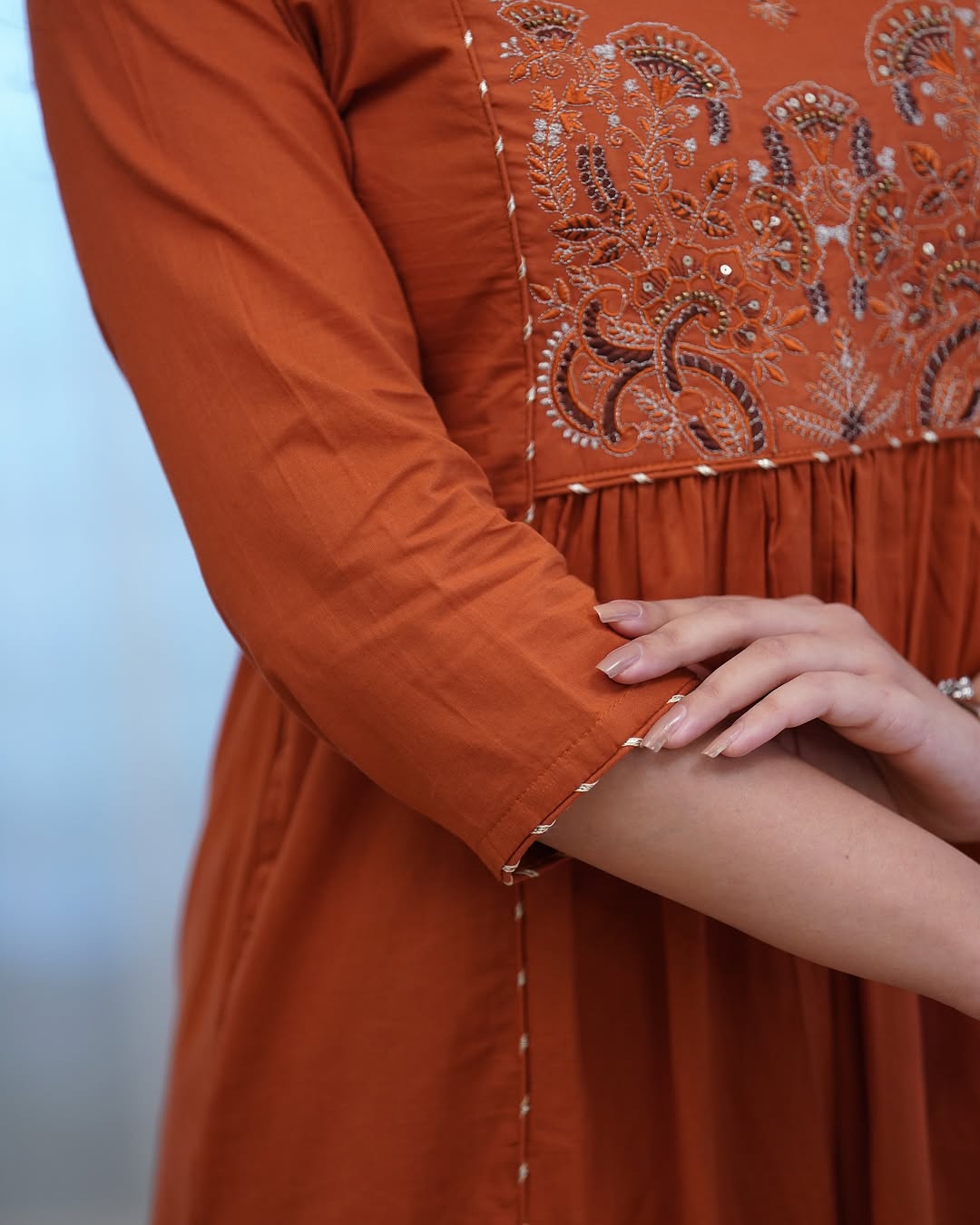 Women’s Embroidered Cotton Anarkali Kurti Pant & Dupatta Set – Rust Brown