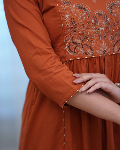 Women’s Embroidered Cotton Anarkali Kurti Pant & Dupatta Set – Rust Brown