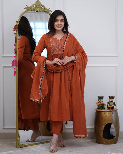 Women’s Embroidered Cotton Anarkali Kurti Pant & Dupatta Set – Rust Brown