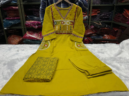 Embroidered Yoke Cotton Kurti Pant & Printed Dupatta Set – Mustard Yellow