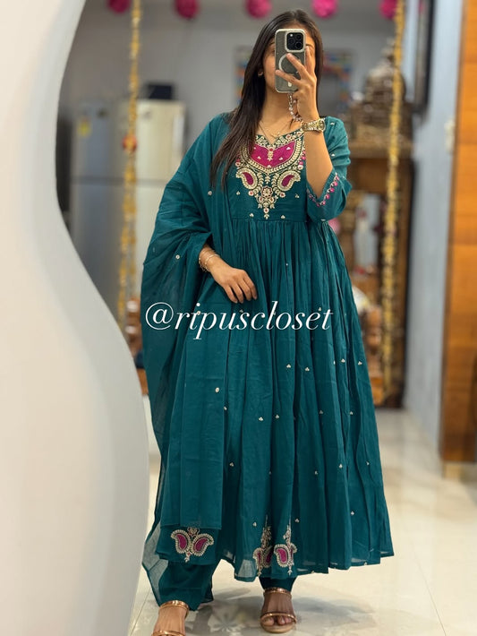 Women’s Teal Green Embroidered Anarkali Kurta Set with Dupatta