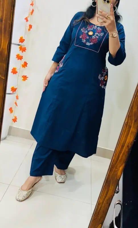 Navy Blue Embroidered Straight Kurta Set