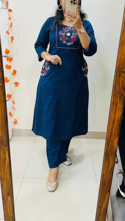 Navy Blue Embroidered Straight Kurta Set