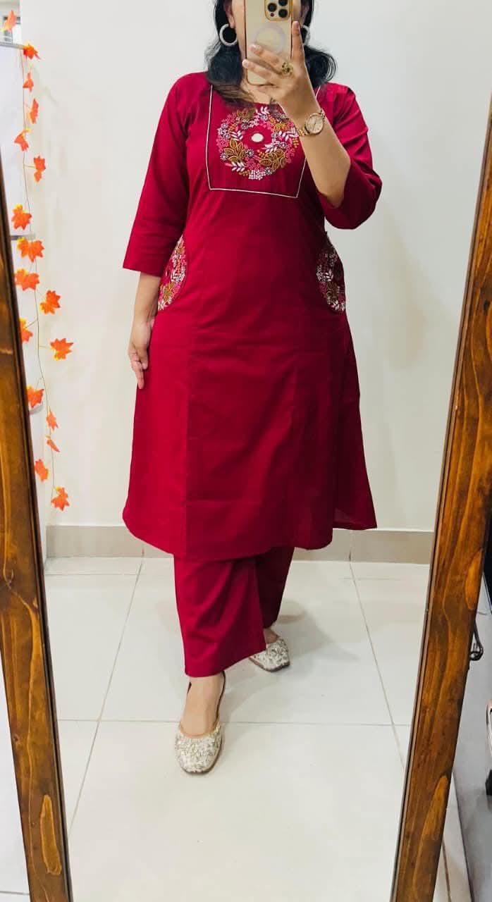 Red Embroidered Straight Kurta Set