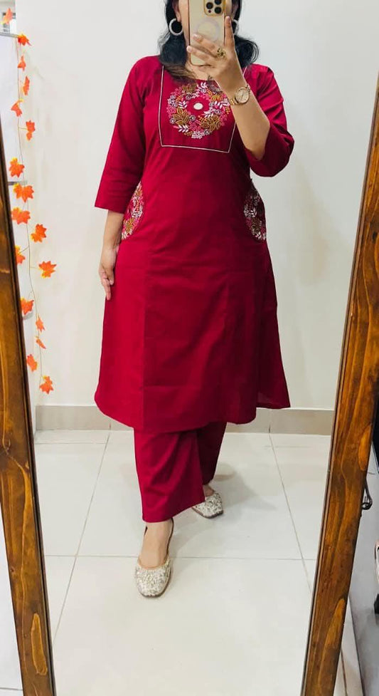 Red Embroidered Straight Kurta Set