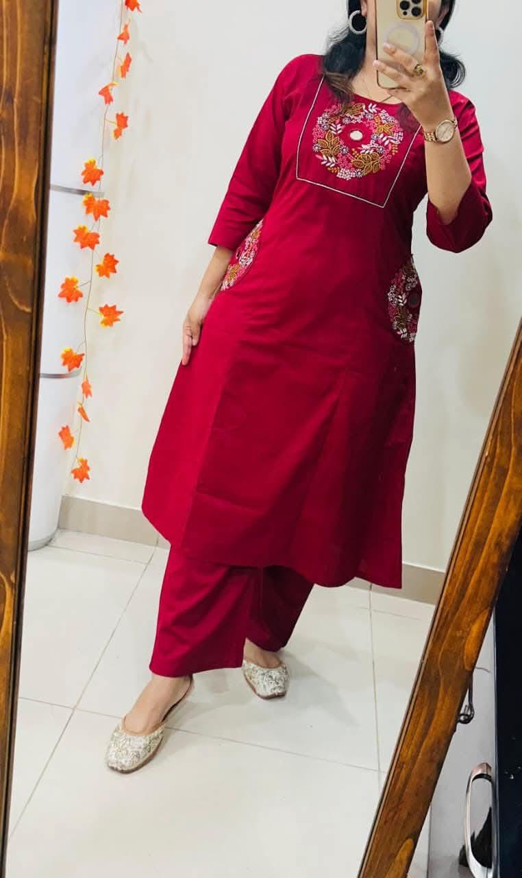 Red Embroidered Straight Kurta Set