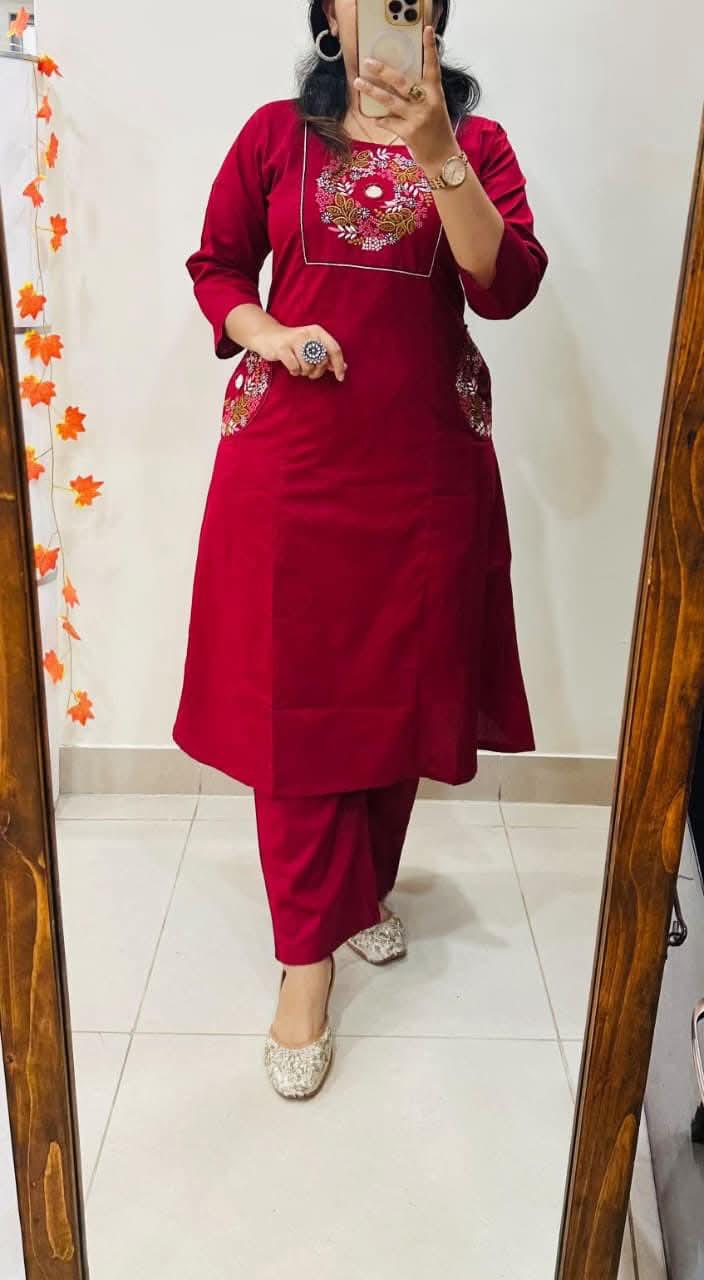 Red Embroidered Straight Kurta Set