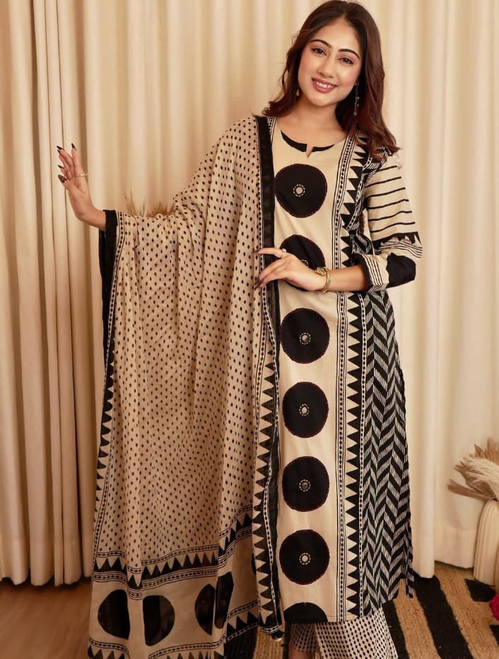 Beige & Black Geometric Print Kurta Set with Coordinated Dupatta