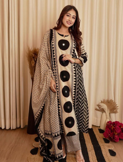 Beige & Black Geometric Print Kurta Set with Coordinated Dupatta