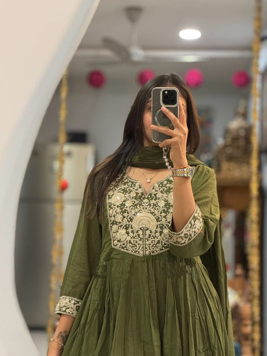 Olive Green Embroidered Anarkali Kurta Set with Dupatta