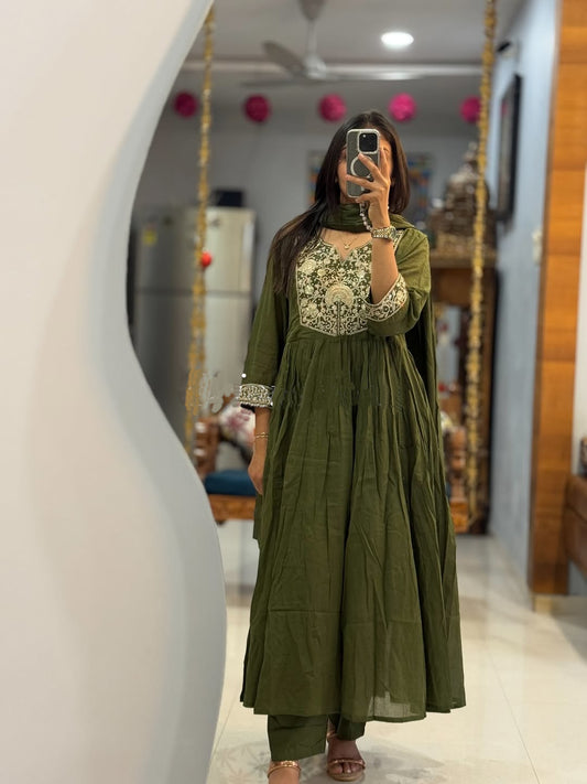Olive Green Embroidered Anarkali Kurta Set with Dupatta