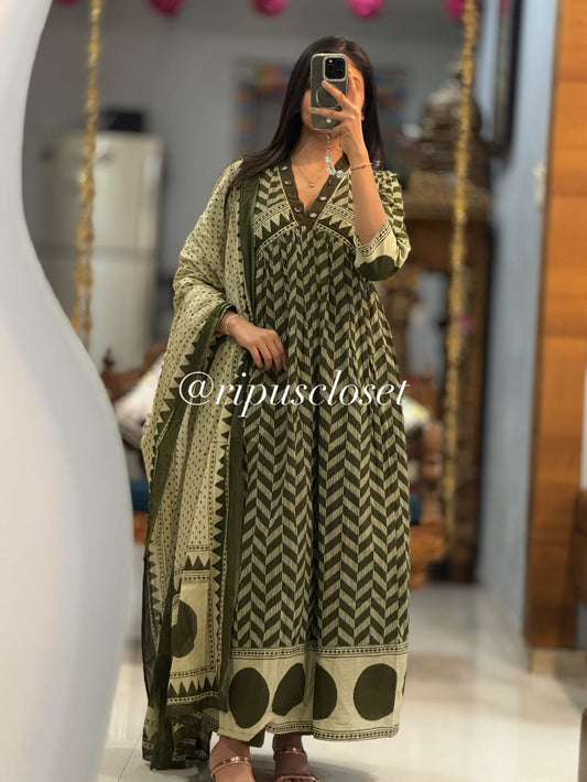 Olive Chevron Anarkali Suit Set