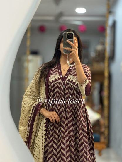 Maroon Chevron Anarkali Suit Set
