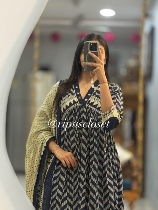 Dark Blue Chevron Anarkali Suit Set