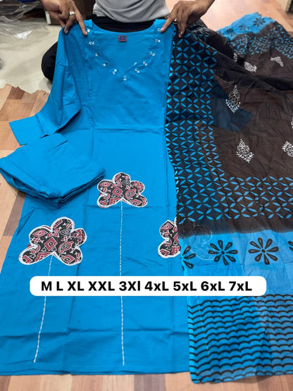 Blue Premium Dhabu Cotton Kurti Set with Applique Work & Cotton Dupatta