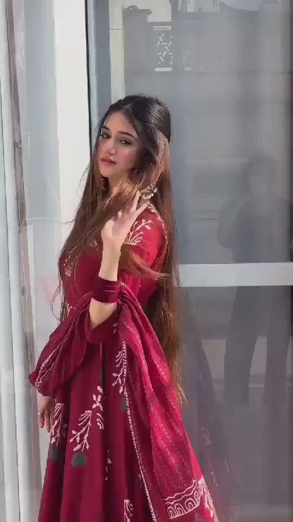 Maroon Handblock Anarkali Set