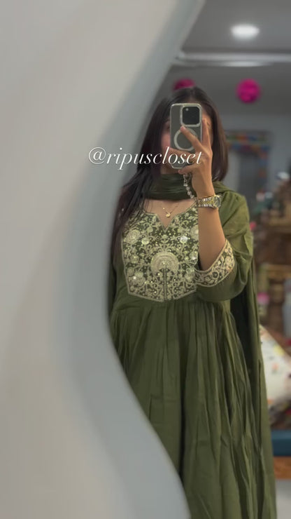 Olive Green Embroidered Anarkali Kurta Set with Dupatta
