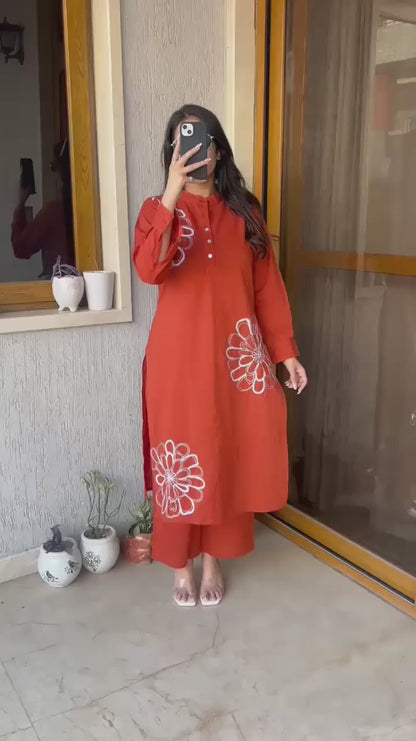 Orange Pure Cotton Kurta Pant Set with Embroidery Work
